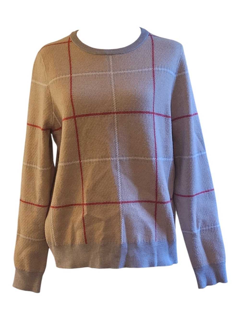 Tahari Tan Crewneck Sweater with Red & White Windowpane